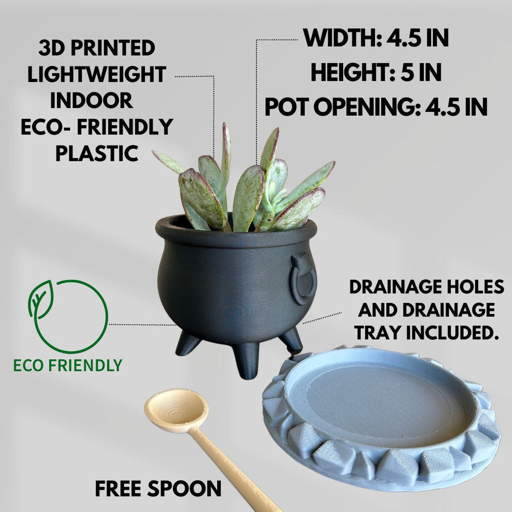 Witch Cauldron Planter Pots With Drainage - FREE SPOON and Drain Tray -  Home Decor - Hoco Pucus 3D printed planter - Halloween decor
