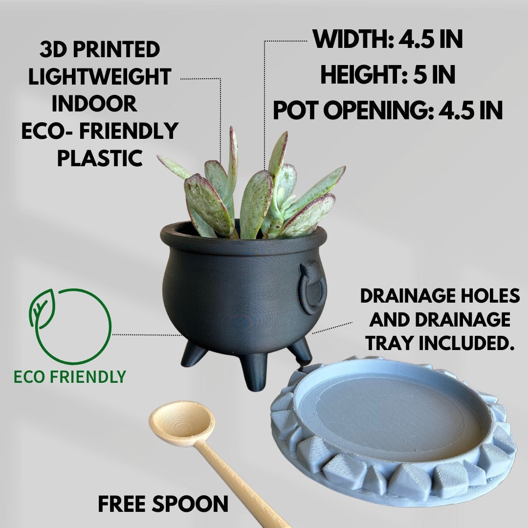 Witch Cauldron Planter Pots With Drainage - FREE SPOON and Drain Tray -  Home Decor - Hoco Pucus 3D printed planter - Halloween decor