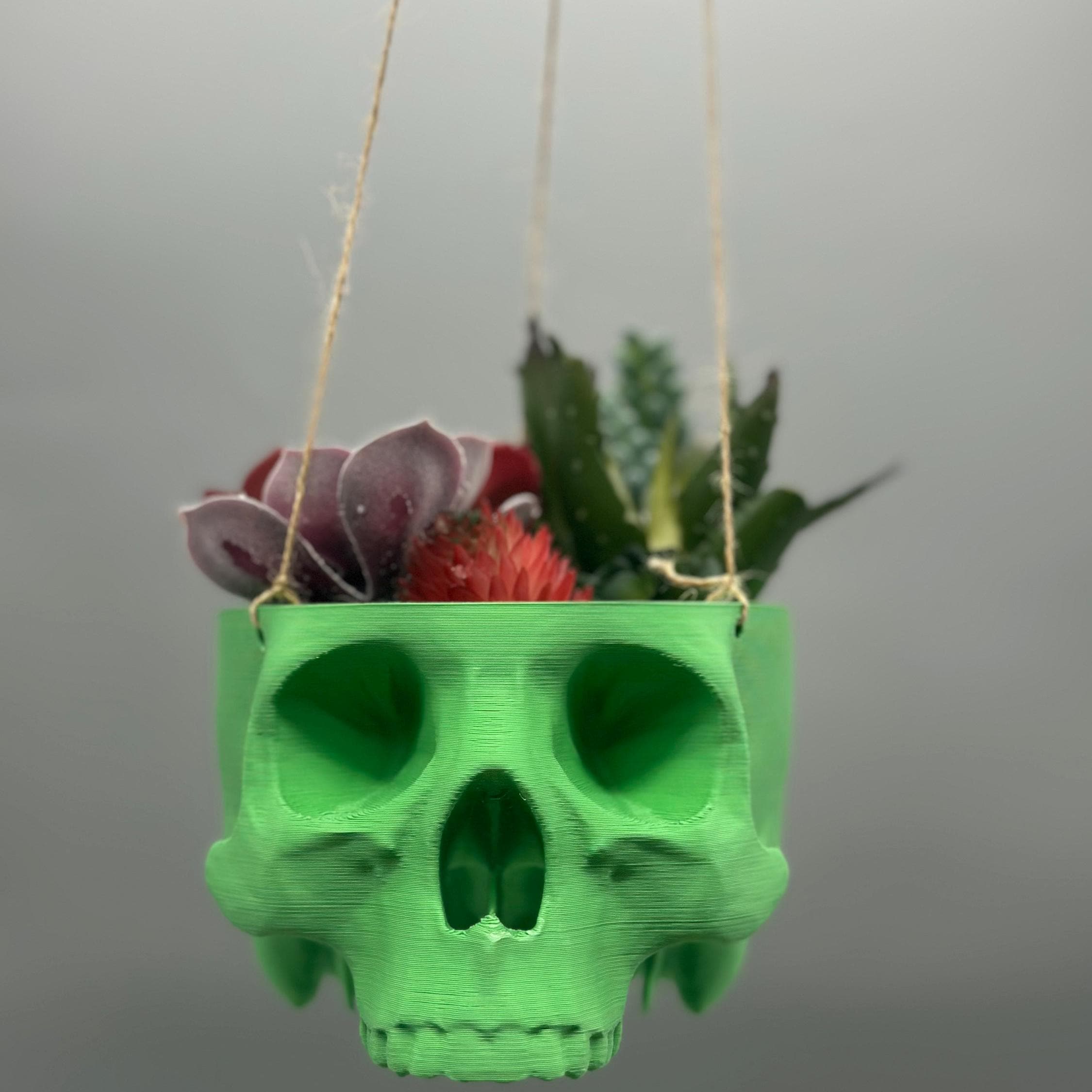 Skull Hanging Planter Pot, hanging kit included - Succulent Planter - 3D Printed - skull planter pot - halloween decor