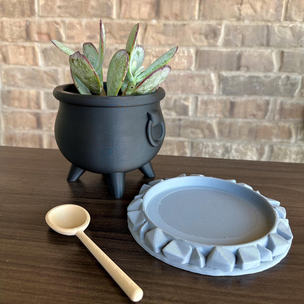 Witch Cauldron Planter Pots With Drainage - FREE SPOON and Drain Tray -  Home Decor - Hoco Pucus 3D printed planter - Halloween decor